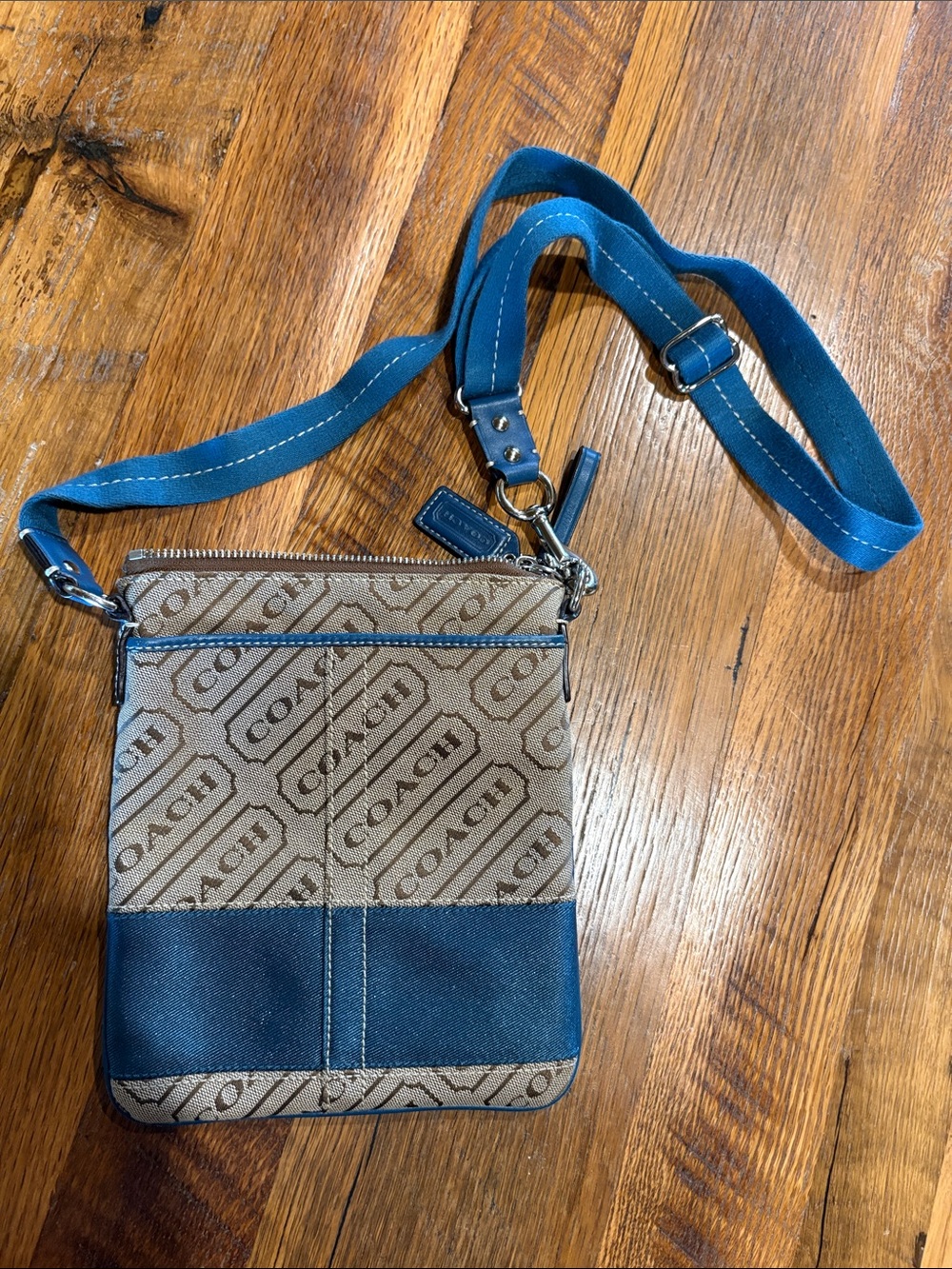 COACH Brown Monogram Crossbody with Blue Trim and Strap